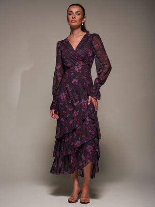 Long Sleeve Ruffle Hem Mesh Maxi Dress, Navy Floral