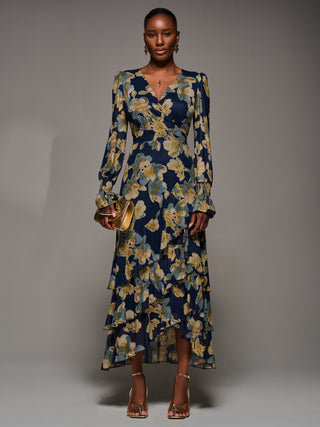 Long Sleeve Ruffle Hem Mesh Maxi Dress, Yellow Floral