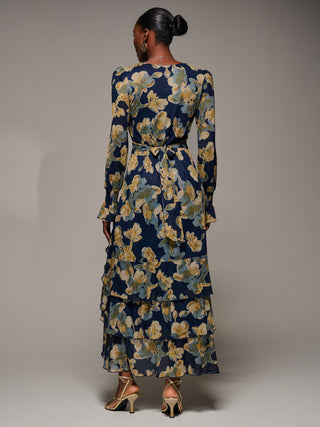 Long Sleeve Ruffle Hem Mesh Maxi Dress, Yellow Floral