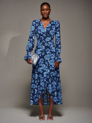 Ruffle Cuffed Sleeve Frill Mesh Maxi Dress, Blue Floral