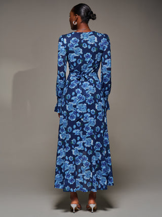 Ruffle Cuffed Sleeve Frill Mesh Maxi Dress, Blue Floral