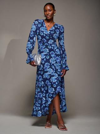 Ruffle Cuffed Sleeve Frill Mesh Maxi Dress, Blue Floral