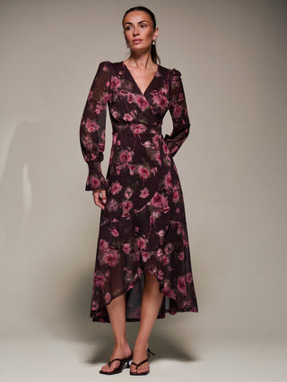 Ruffle Cuffed Sleeve Frill Mesh Maxi Dress, Burgundy Floral