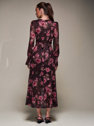 Ruffle Cuffed Sleeve Frill Mesh Maxi Dress, Burgundy Floral