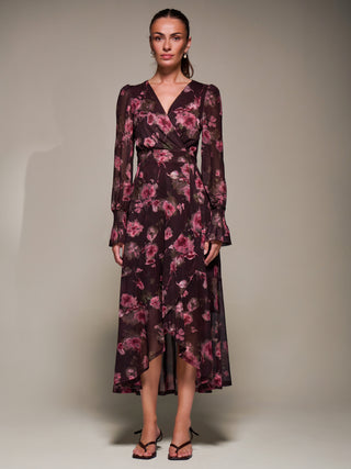 Ruffle Cuffed Sleeve Frill Mesh Maxi Dress, Burgundy Floral