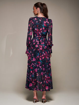 Ruffle Cuffed Sleeve Frill Mesh Maxi Dress, Pink Floral
