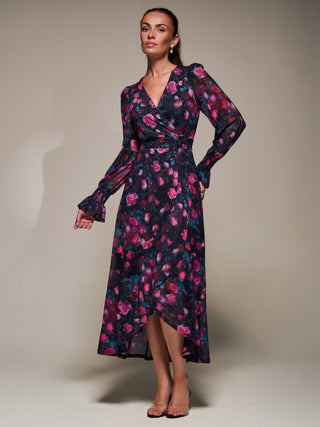 Ruffle Cuffed Sleeve Frill Mesh Maxi Dress, Pink Floral