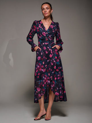 Ruffle Cuffed Sleeve Frill Mesh Maxi Dress, Pink Floral