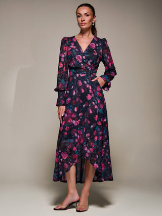 Ruffle Cuffed Sleeve Frill Mesh Maxi Dress, Pink Floral