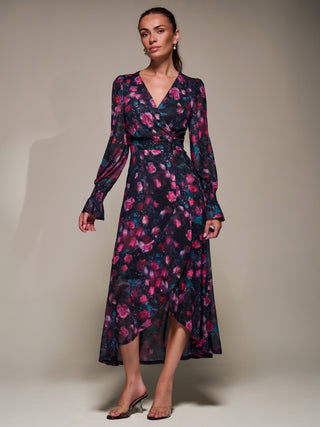 Ruffle Cuffed Sleeve Frill Mesh Maxi Dress, Pink Floral