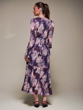 Ruffle Cuffed Sleeve Frill Mesh Maxi Dress, Purple Floral