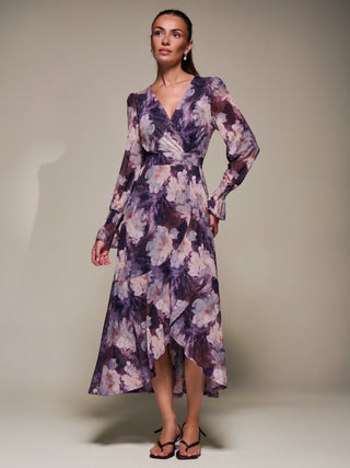 Ruffle Cuffed Sleeve Frill Mesh Maxi Dress, Purple Floral