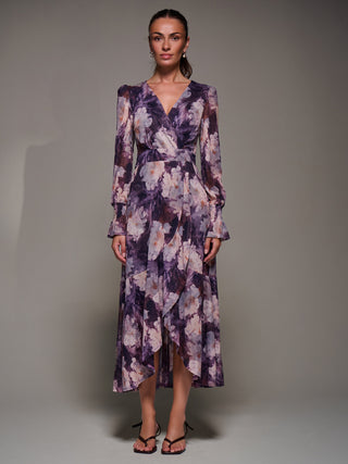 Ruffle Cuffed Sleeve Frill Mesh Maxi Dress, Purple Floral