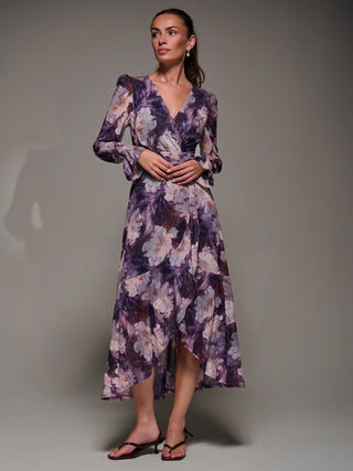 Ruffle Cuffed Sleeve Frill Mesh Maxi Dress, Purple Floral