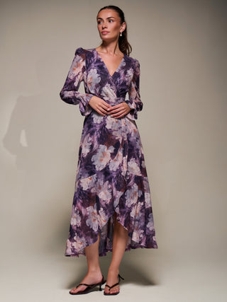 Ruffle Cuffed Sleeve Frill Mesh Maxi Dress, Purple Floral