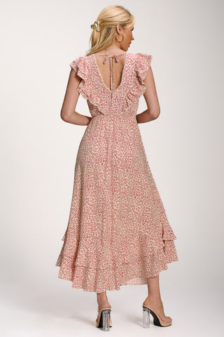 Ruffle V-Neck Viscose Midi Dress, Beige Ditsy