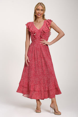 Ruffle V-Neck Viscose Midi Dress, Red Ditsy