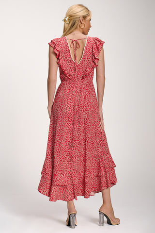 Ruffle V-Neck Viscose Midi Dress, Red Ditsy