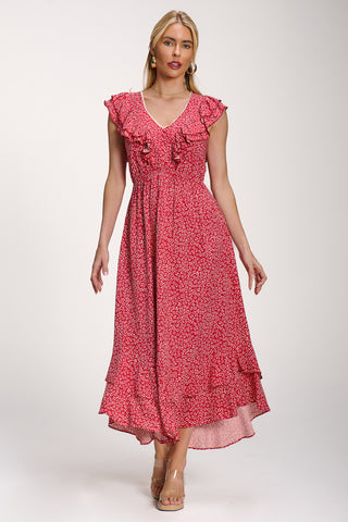 Ruffle V-Neck Viscose Midi Dress, Red Ditsy