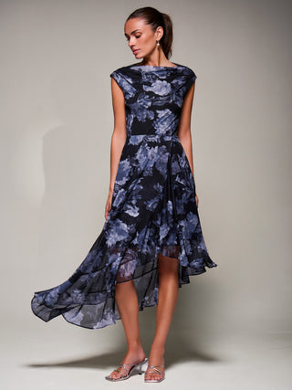Asymmetrical Draped Mesh Midaxi Dress, Black Abstract