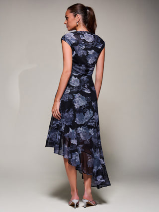 Asymmetrical Draped Mesh Midaxi Dress, Black Abstract