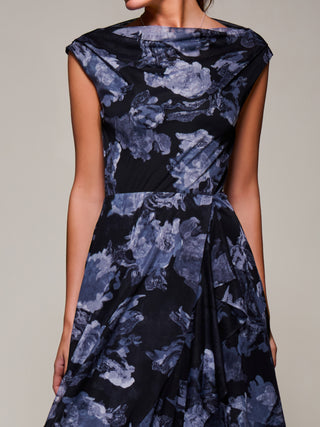 Asymmetrical Draped Mesh Midaxi Dress, Black Abstract
