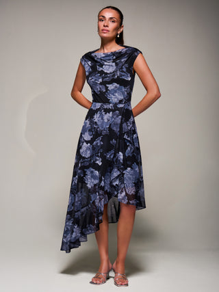 Asymmetrical Draped Mesh Midaxi Dress, Black Abstract