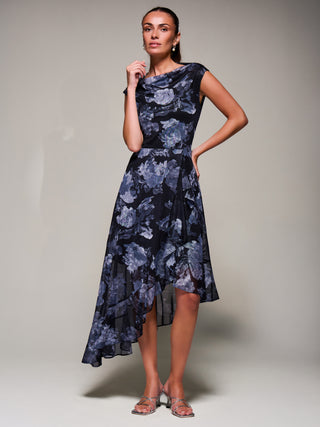 Asymmetrical Draped Mesh Midaxi Dress, Black Abstract