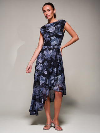 Asymmetrical Draped Mesh Midaxi Dress, Black Abstract