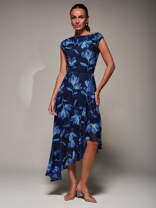 Asymmetrical Draped Mesh Midaxi Dress, Blue Floral