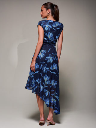 Asymmetrical Draped Mesh Midaxi Dress, Blue Floral