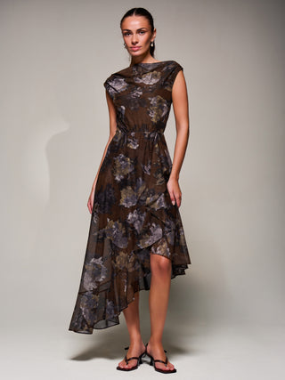 Asymmetrical Draped Mesh Midaxi Dress, Brown Abstract