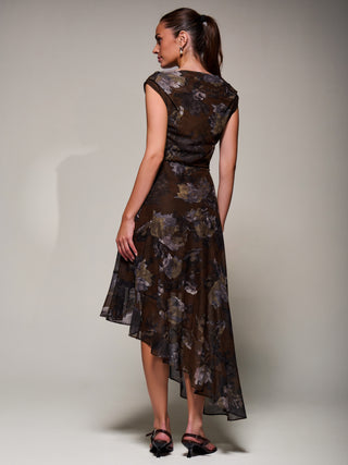 Asymmetrical Draped Mesh Midaxi Dress, Brown Abstract