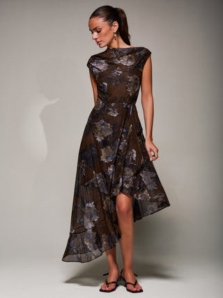 Asymmetrical Draped Mesh Midaxi Dress, Brown Abstract