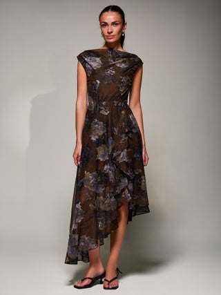 Asymmetrical Draped Mesh Midaxi Dress, Brown Abstract