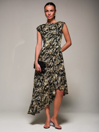 Asymmetrical Draped Mesh Midaxi Dress, Brown Animal