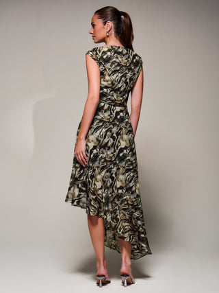 Asymmetrical Draped Mesh Midaxi Dress, Brown Animal