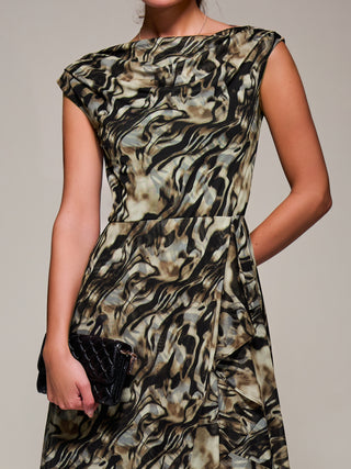 Asymmetrical Draped Mesh Midaxi Dress, Brown Animal