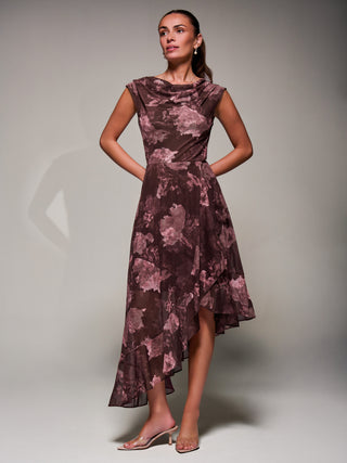 Asymmetrical Draped Mesh Midaxi Dress, Burgundy Abstract