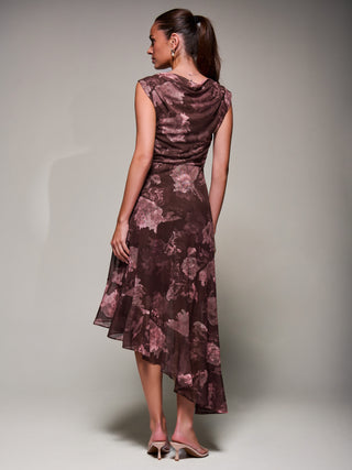 Asymmetrical Draped Mesh Midaxi Dress, Burgundy Abstract