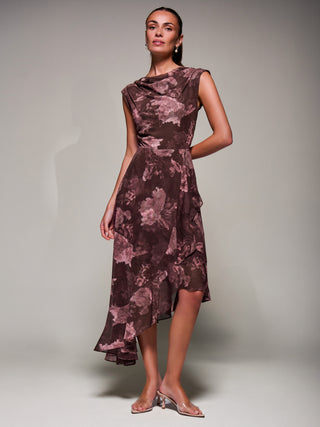 Asymmetrical Draped Mesh Midaxi Dress, Burgundy Abstract
