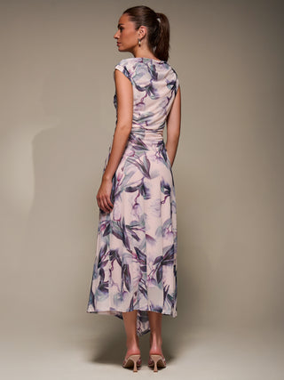 Slash Neck Ruched Mesh Maxi Dress, Beige Floral