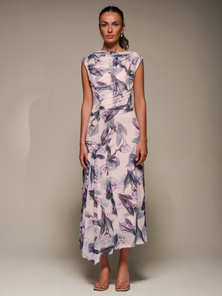Slash Neck Ruched Mesh Maxi Dress, Beige Floral