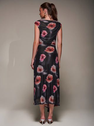 Slash Neck Ruched Mesh Maxi Dress, Black Floral