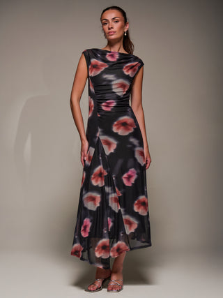 Slash Neck Ruched Mesh Maxi Dress, Black Floral
