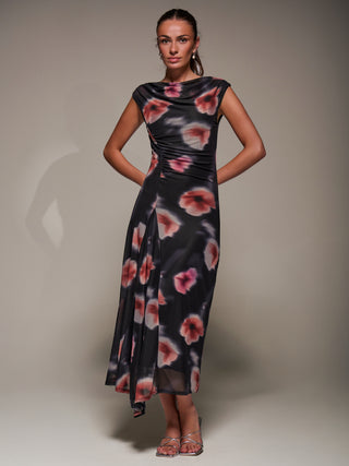 Slash Neck Ruched Mesh Maxi Dress, Black Floral