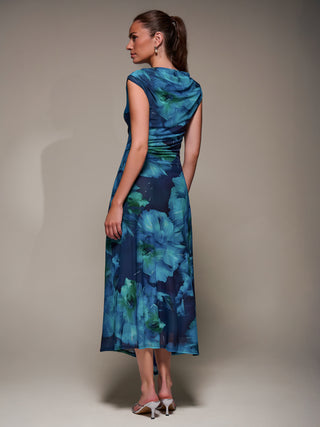 Slash Neck Ruched Mesh Maxi Dress, Blue Abstract