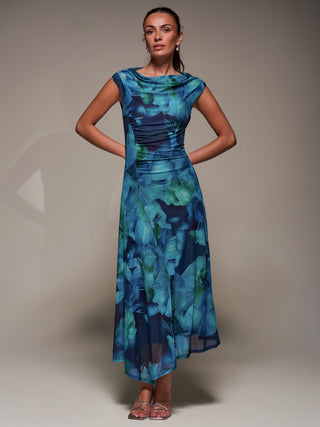 Slash Neck Ruched Mesh Maxi Dress, Blue Abstract