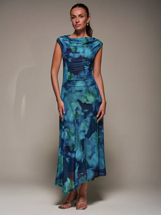 Slash Neck Ruched Mesh Maxi Dress, Blue Abstract