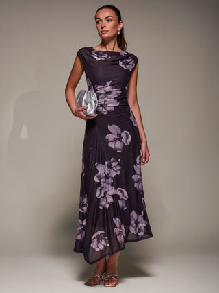 Slash Neck Ruched Mesh Maxi Dress, Purple Floral